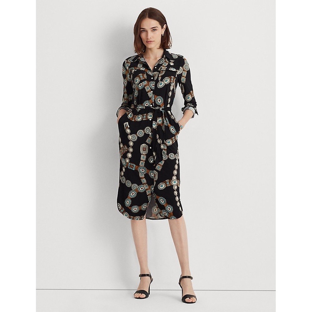 Ralph Lauren Yestin Belt Print Tiered Midi Shirt Dress, Polo Black/Multi Size L